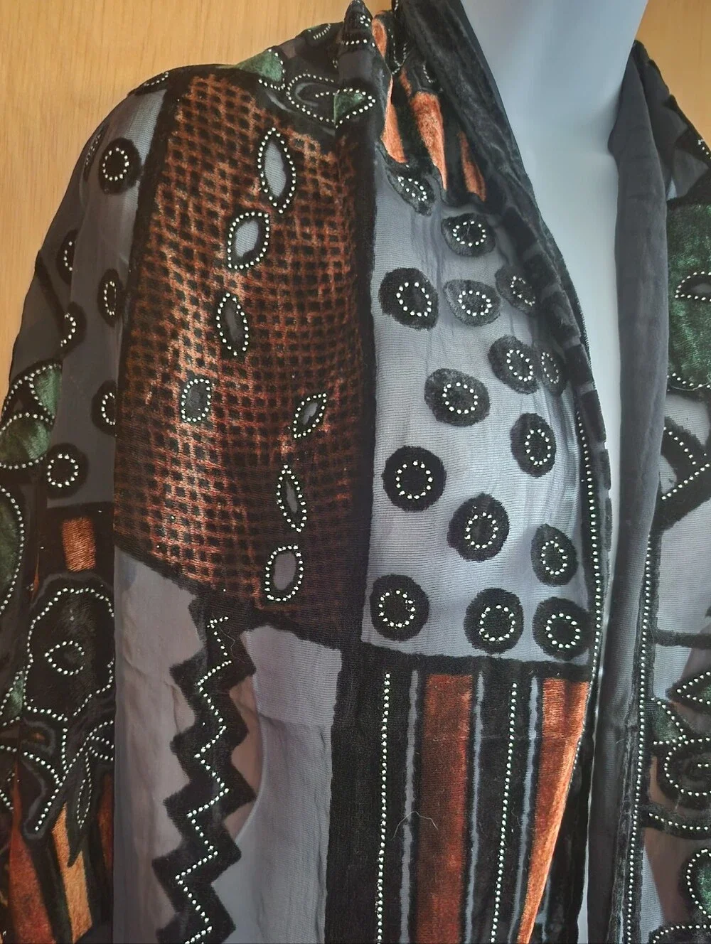 Black Sheer Embroidered Fringe Shawl Scarf